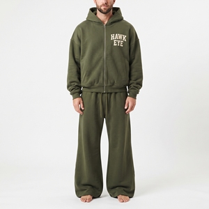 Ensemble survêtement vert olive à capuche, sweat-shirt et pantalon zippés, coupe ample, vêtements décontractés, molleton de coton, ensemble deux pièces pour homme - Product Image 4