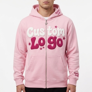 Heavyweight Custom Regular Fit <b>Men's</b> <b>Pink</b> Zip <b>Hoodie</b> 100% Cotton Puffy 3D Letter Print Star Streetwear Trendy Design Fashion - Product Image 1