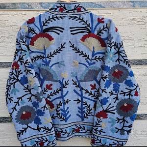 Floral Embroidered Knitted Blouson <b>Jacket</b> <b>Women</b> Mandarin Collar Open Front <b>Spring</b> Cotton Handwork Regular Length Full Sleeve - Product Image 4