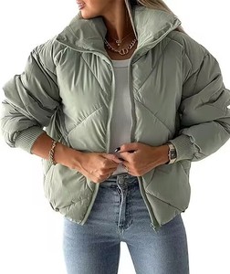 Veste matelassée courte pour femme, col montant, fermeture éclair, rembourrage épais, couleur unie, vêtement d'extérieur d'hiver - Product Image 3