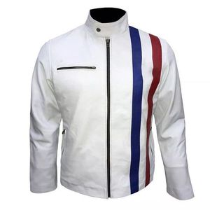 Blouson moto en PU pour homme, color block rouge, blanc, noir, col montant, fermeture éclair, coupe classique, style automne - Product Image 3