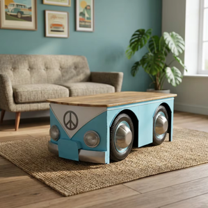 Table basse Volkswagen reproduite, fabriquée à partir de métal et de bois de véhicule, 120x60x45cm, mobilier industriel automobile vintage - Product Image 3