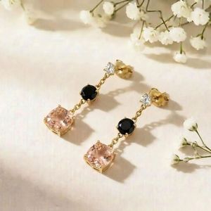 Morganite Cushion Cut & Black Obsidian Round Faceted Drop <b>Earrings</b> With CZ Accent Elegant Minimalist Fine <b>Stud</b> Gemstone <b>Earring</b> - Product Image 4