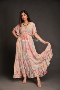 Bohemian V Neck Silk Maxi <b>Dress</b> for Women Short Flared Sleeve with Front Slit Fancy Maxi <b>Dress</b> for Beach Party Wear Bulk Export - Product Image 6