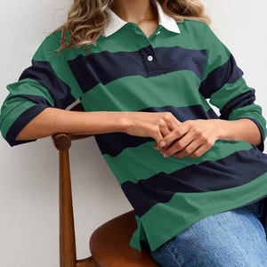 Polo rayé à manches longues pour femme, vert marine, en coton, décontracté, manches trois quarts, coupe classique - Product Image 6
