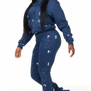 Ensemble sweat à capuche et jogging pour femme, bleu marine, imprimé éclaboussures, manches longues, molletonné, coupe décontractée, toutes saisons, tenue deux pièces - Product Image 5