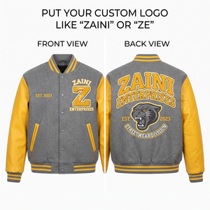เสื้อแจ็คเก็ตวาร์ซิตี้ ZAINI พรีเมียม ผสมขนสัตว์ 450 GSM สีเบจ-ดำ ปักโลโก้ด้านหน้า/หลังตามสั่ง กันลมได้ดี - Product Image 1
