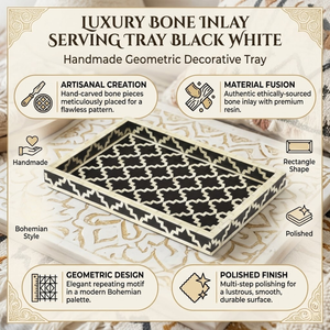 Luxury Bone Inlay Serving Tray Black White | Handmade Geometric Decorative Tray | Elegant <b>Coffee</b> <b>Table</b> Organizer with Handles - Product Image 5