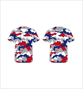 Maillot de baseball personnalisé pour homme, imprimé camouflage rouge, bleu, gris, manches courtes, boutons sur le devant, vêtement respirant en polyester - Product Image 1