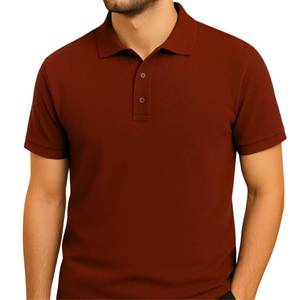 Polo en piqué de coton marron à manches courtes pour homme, couleur unie, décontracté, boutonné, coupe classique, tricoté, anti-rétrécissement - Product Image 3