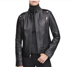<b>Women's</b> Genuine <b>Leather</b> <b>Moto</b> <b>Jacket</b> Stand Collar Full Sleeve Zipper Closure Solid Color Autumn Wear - Product Image 1