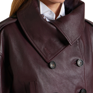 <b>Top</b> <b>Women's</b> <b>Burgundy</b> Genuine Leather Jacket Cropped Double Breasted Belted Waist Loose Fit Luxury Fashion OEM Private Label KCW - Product Image 5