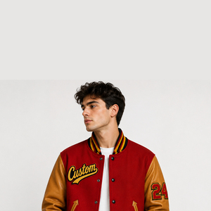 Unisex <b>Red</b> Letterman Varsity Jacket Tan Faux Leather Sleeves Chenille Patch Number 24 Snap Button College Bomber Outerwear SHH - Product Image 6