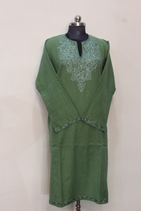 Green Embroidered Cotton Indian Traditional Wear <b>Kurta</b> <b>Men</b> V Neck Full Sleeve Ethnic Top Casual Festival Wear - Product Image 3