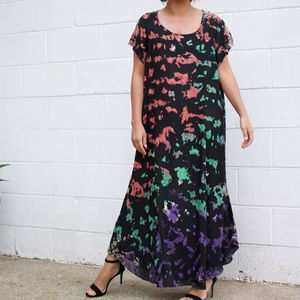 Robe kaftan tie-dye arc-en-ciel noir pour femmes, style bohème, vacances d'été - Product Image 1