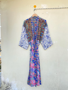 Kimono reciclado vintage azul hecho a mano con cinturón versátil Estilo de vida diaria para verano otoño primavera - Product Image 4