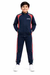 Ensemble de survêtement pour garçons, bleu marine, rouge et blanc, veste à demi-zip, fermeture à cordon, séchage rapide, 100% polyester, léger - Product Image 1