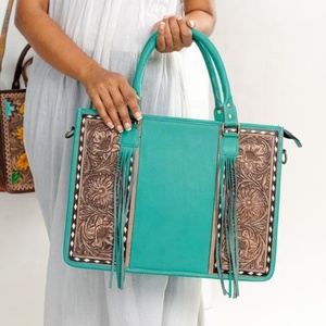Hand Tooled Leather Turquoise Floral Large Tote Bag For Women Western Embossed Genuine Leather Handbag <b>Concealed</b> Carry Tote Bags - Product Image 2