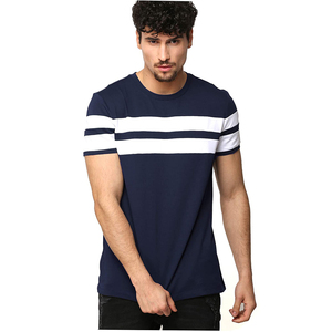 Camiseta de Manga Corta a Rayas Azul Marino para Hombre, Cuello Redondo, Estilo Casual, Tejido de Punto - Product Image 1