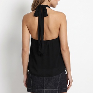 Haut Halter Femme à Rosette, en Chiffon Floral 3D, Dos Nu, Col à Nouer, Sans Manches, Noir – Fabricant de Vêtements - Product Image 2