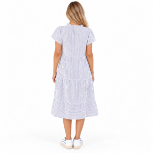 Robe midi à volants bleu et blanc pour femme, manches courtes, col à volants, nœud devant, robe d'été décontractée - Product Image 5