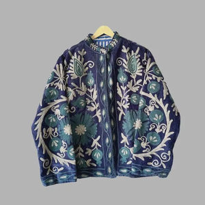 Blue Embroidered Suzani Velvet Short Jacket Statement Outerwear Coat Velvet Blazer Unisex Jacket Gift For <b>Wife</b> Bridal Jacket - Product Image 1