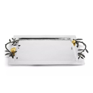 Plateau de service ovale de style vintage, plateau en acier inoxydable de qualité supérieure avec poignées en forme de feuilles, plateau de service pour aliments et desserts - Product Image 2