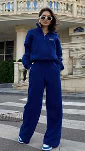 Ensemble de survêtement décontracté pour femme, bleu, à manches longues, col roulé léger à demi-zip, coupe ample, imprimé, avec pantalon de jogging à poches latérales et taille élastique - Product Image 3