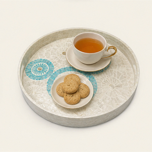 Plateau de service rond artisanal en nacre incrustée, plateau centre de table en mosaïque de coquillages avec poignées pour table basse - Vente en gros - Product Image 6