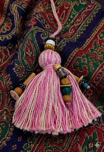 Bohemian Pink Fabric Tassel Keychain With Beads For Entryway Decor - Product Image 6