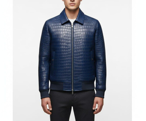 Wholesale Custom Men's Crocodile Embossed PU Leather Bomber <b>Jacket</b> High Quality Blue <b>Zip</b> <b>Up</b> <b>Jacket</b> OEM ODM Manufacturer Factory - Product Image 3