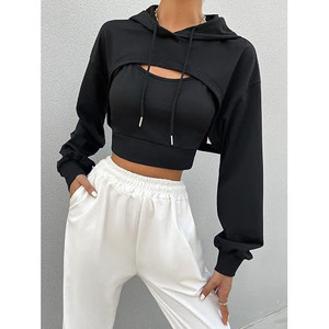 Women's <b>Black</b> Hooded <b>Crop</b> <b>Top</b> Solid Color <b>Long</b> <b>Sleeve</b> Asymmetric Cutout Design Casual Autumn Wear - Product Image 1
