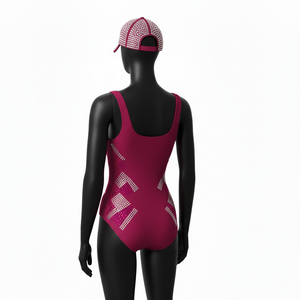 Maillot de bain femme premium en poly-spandex, tissu extensible doux, panneaux géométriques, logo thermocollé en strass. - Product Image 5