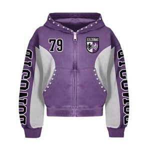 Custom Rhinestone Streetwear Hoodie Heavyweight French Terry Vintage Boxy <b>Cropped</b> <b>Zip</b> <b>Up</b> Hoodie High Quality OEM Wholesale - Product Image 5