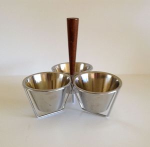 Hot Selling Mid Century Modern Stainless Steel Triple Condiment Server with Teak <b>Handle</b> for Stylish Serving and Home Decor - Product Image 1