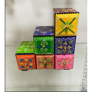 Juego de 6 Cajas de Almacenamiento de Joyería Cuadradas de Madera Pintadas a Mano (Arte Tradicional Indio) - Product Image 2