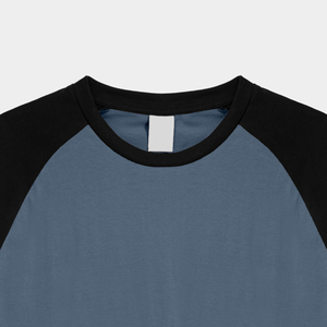 T-shirt pour homme à manches raglan, col rond, coupe classique, couleur unie, en coton tricoté, style décontracté, avec bordure contrastée bleu et noir, en vente - Product Image 2