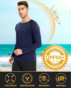 Chemises de bain pour hommes UPF 50+ Rash Guard à manches longues, protection solaire UV, chemises de plage, chemise bleue en polyester, taille adulte - Product Image 2