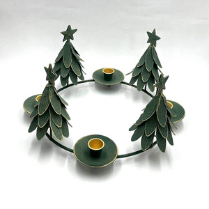 Distressed <b>Green</b> Metal Christmas Tree <b>Candle</b> Holder Ring Featuring Four Star-Topped Trees And <b>Candle</b> Cups For Holiday Decoration - Product Image 1