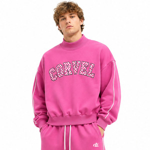 Conjunto de sudadera oversize de cuello simulado de moda, con apliques de tela de sarga personalizados, joggers holgados y sudaderas con capucha de forro polar rosa de alto gramaje con ribetes. - Product Image 2