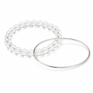 Stacking Crystal <b>Beaded</b> <b>Bracelet</b> Set with Clear Quartz 8mm and Silver Tone Bangle for Women's Everyday Wear Layered Style - Product Image 1