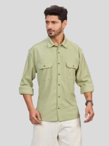 Chemise décontractée pour homme, vert clair, 100% polyester, bouton unique, deux poches, col rabattu, manches longues, séchage rapide, respirante, imprimée - Product Image 1