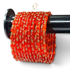 Ensemble de bracelets en verre orange goutte de pluie de l'État du Cachemire, plaqués or et ornés de cristaux étincelants, pour femmes, collection de bijoux de mariage indiens - Product Image 1