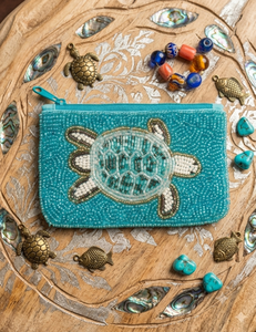 Porte-monnaie en perles motif tortue, style bohème, fermeture éclair, fait main, mini, unisexe, motif turquoise - Product Image 1