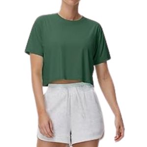 Forest Green Crew Neck Women Yoga Crop Tops Cotton Blend Lightweight High Quality Fitness Shirts - Product Image 3