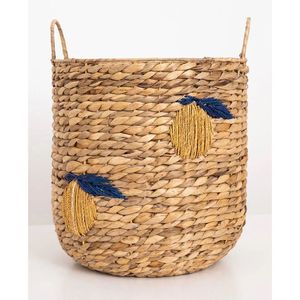 Handmade Eco Friendly Water Hyacinth <b>Basket</b> with Lemon Embroidery Woven Storage <b>Hamper</b> with Handles <b>for</b> Room Trend - Product Image 1