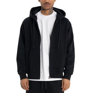 Sweat-shirt à capuche zippé noir pour homme, coupe classique, couleur unie, décontracté, en coton tricoté, pour l'automne - Product Image 1