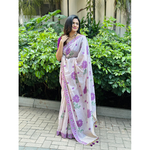 Lo Último en Moda de la India: Saree de Algodón Muga Suave de Primera Calidad con Blusa en Contraste, Estilo Bollywood, en Venta - Product Image 1