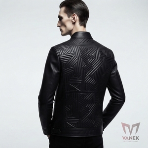 Veste de motard en cuir véritable noir pour homme Vanek International, col montant, fermeture éclair, motif géométrique embossé, coupe ajustée - Product Image 2