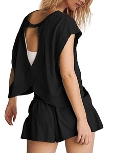 Chemisier ample noir pour femme à épaules tombantes, sans manches, dos nu, en maille transparente, ajouré et respirant - Product Image 3